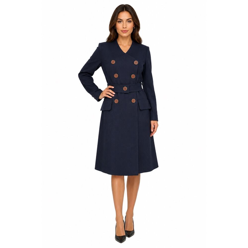 1980s OOAK Navy Belted Coat Dress Handmade Minimalist Midi Medium